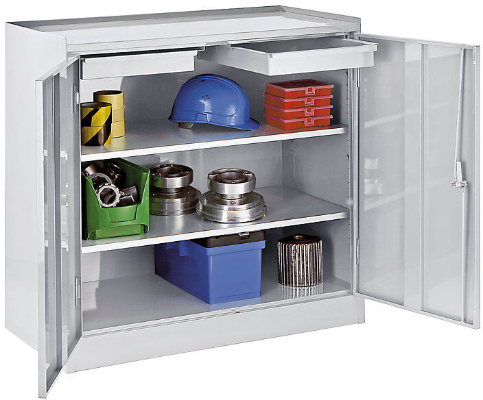 Werkzeugschrank, mit 2 Schubladen, 2 durchgehenden Fachböden, lichtgrau RAL 7035 eurokraft basic