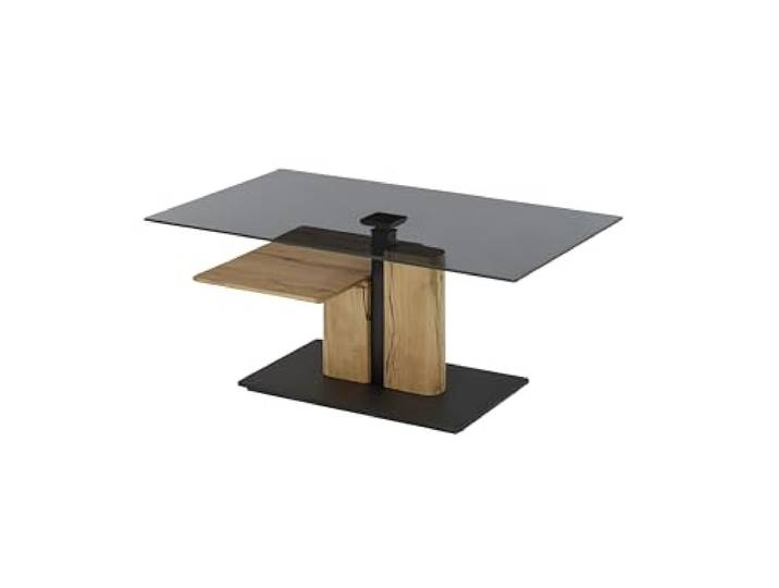 möbelando Couchtisch >DELMAS< 105x45-63x65 cm – rechteckig, Glasplatte grau, höhenverstellbar mit Lift, Eiche massiv geölt, Ablage, Rollen, modern, stabil, zerlegt geliefert