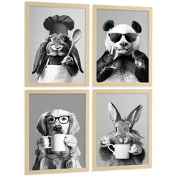 POSTER 4er Set Lustige Tiere Schwarz Weiß Wandbilder Hase Panda Golden Retriever Koch Küche Deko Rahmenlos A3