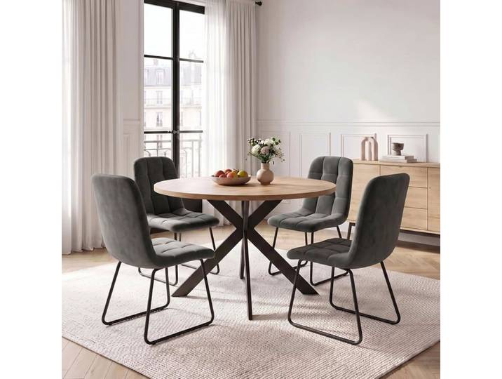 JIEXI Ensemble de table ronde en chêne de 110 cm comprenant 4 chaises grises