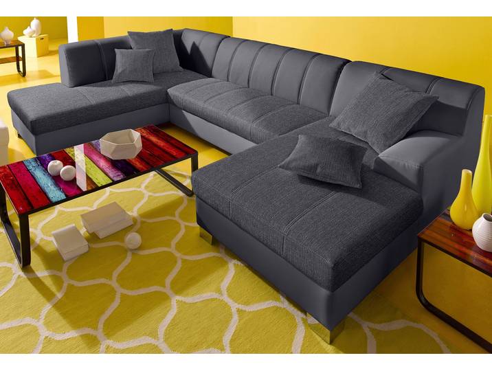 Wohnlandschaft, 297x82 cm, Microfaser & Leder, Schwarz, Bettfunktion, Modern, Domo-Collection