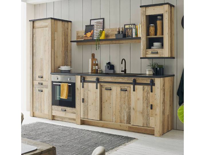 Furn.Design Küchenzeile Stove, (5-teilige Küche in Used Wood / Altholz), mit Schiebetüren uns Soft-Close