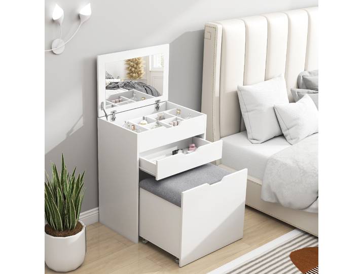HOMCOM Coiffeuse Blanche avec Tabouret Rangement et Miroir