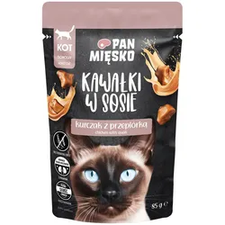 PAN MIĘSKO Stückchen in Soße – Hähnchen mit Wachtel, 85g, für Katzen