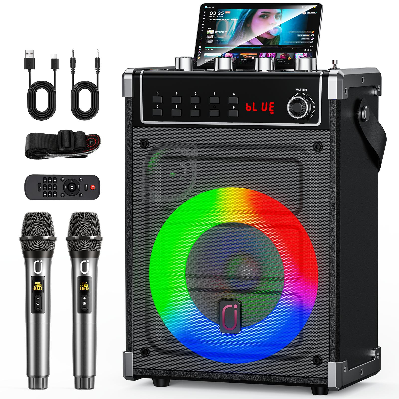 Selius Draagbare Karaoke Machine Zwart - Draadloze Microfoons Bluetooth Speaker - 25 W