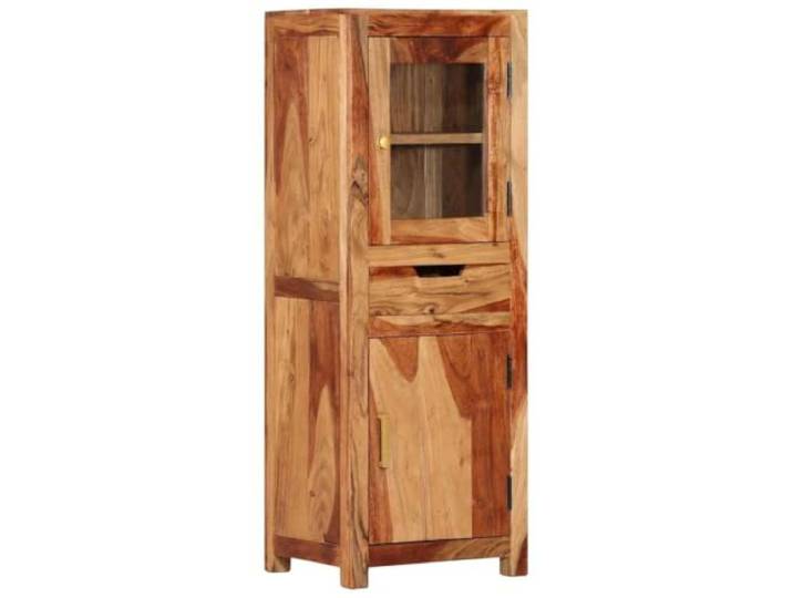 Highboard Braun 40 x 34 x 110 cm aus massivem Akazienholz hellbraunem Massives Akazienholz mit hellbraunem Finish, 2 Türen und 1 Schublade, Glas, viel Stauraum, für Wohnzimmer und Flur