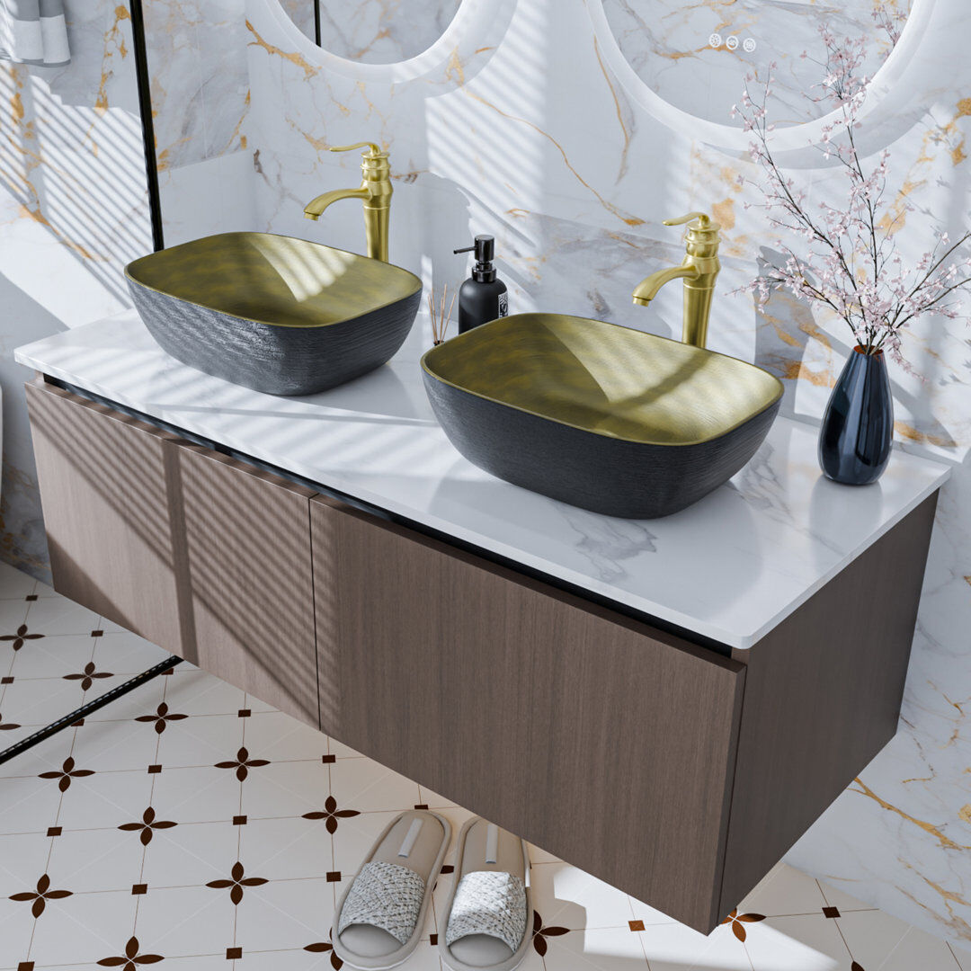 Ebern Designs Ronique 120Cm Wall Mounted Double Bathroom Vanity Sink with Ceramic Basin, Faucet and Hoses Brown 1,200mm W