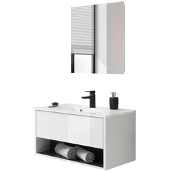 BADMÖBEL-SET weiß Hochglanz, grau, Badezimmerschränke mit Waschbecken und LED Beleuchtung 80 cm