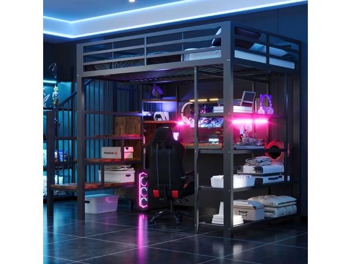 Lit mezzanine gaming 140 x 200 cm avec bureau gaming bureau et LED métal et bois noir