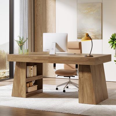 YUZHOU Inch Farmhouse Wooden Home Office Computer Desk with Drawer and Storage Shelves