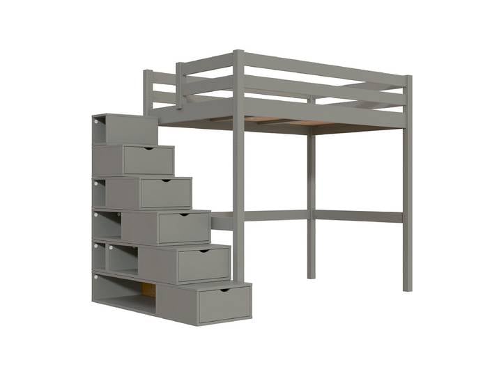 Lit mezzanine bois 120x200 Sylvia avec escalier cube 120x200 Gris