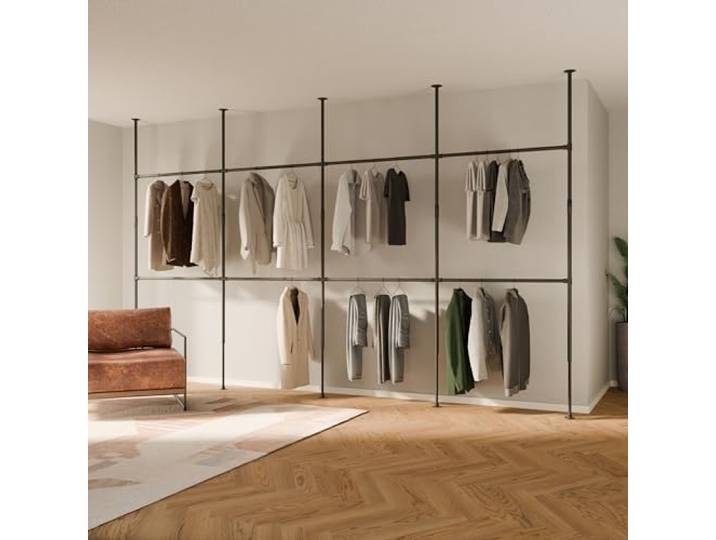 pamo Kleiderstange im Industrial Design – LOFT IV - Teleskop Stangen System als offenes System Kleiderschrank aus stabilen Rohren - ohne Bohren