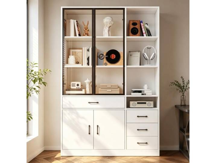 Vitrine LED 120x35x200 cm Bibliothèque avec 4 tiroirs 4 portes et 13 espaces de rangement blanc
