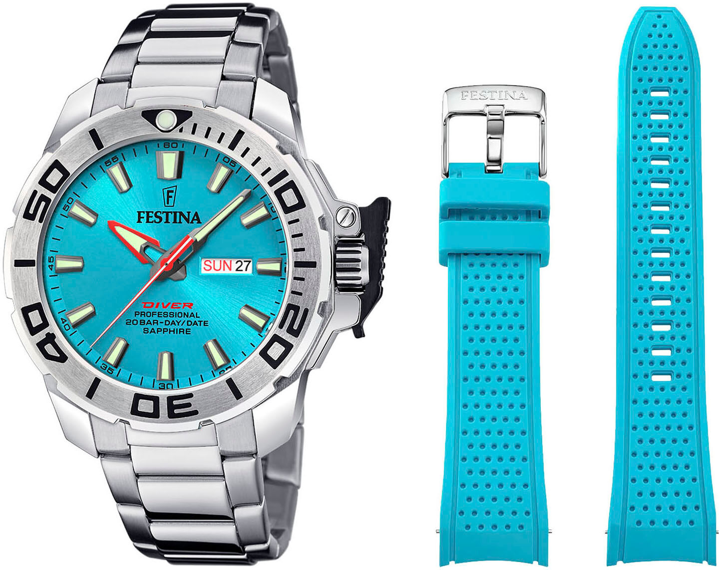 Taucheruhr FESTINA "The Originals/Diver", silber (silberfarben, hellblau), Armbanduhren, Herren, Taucheruhr, Armbanduhr, Quarzuhr, Herrenuhr, Geschenkidee, Edelstahlarmband