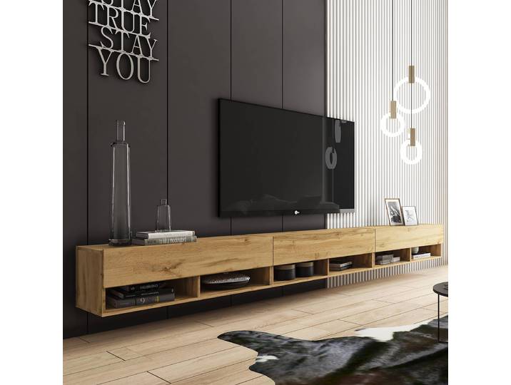 Meuble TV éclairé Mizzau - 300 cm Panneau aggloméré, enduit Marron/Imitation chêne wotan 300 x 30 x 31cm