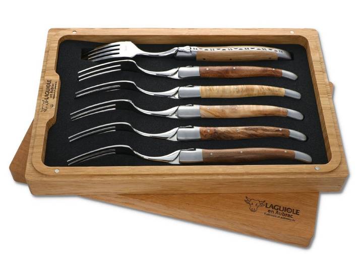 Laguiole en Aubrac Steakbesteck 62F99EWIF, 6 Gabeln - Europäische Hölzer - Backen matt - Gabelteil Stahl glänzend
