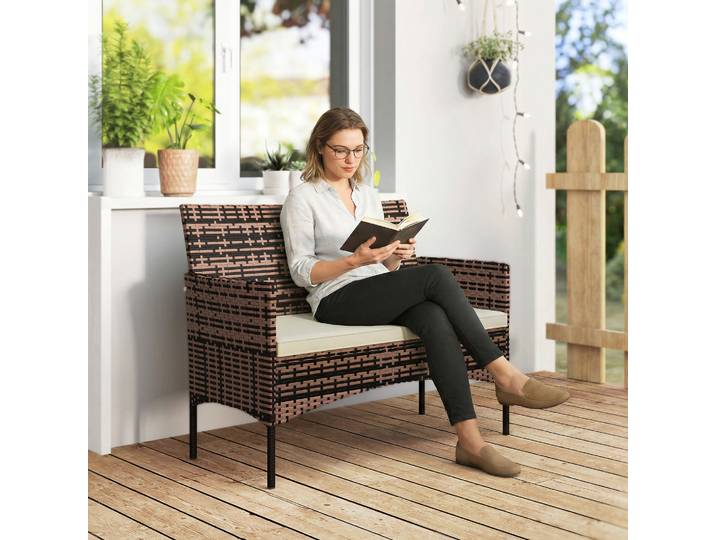 Outsunny Canapé 2 Places Rotin Extérieur Coussin Kaki Acier