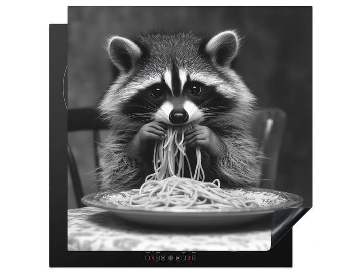 HERDABDECKPLATTE Waschbär - Niedlich - Pasta - Tischtuch - Schwarz - Weiß Induktionsmatte 78x78 cm