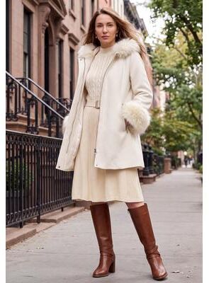 Plus Size Women's Hooded Faux Fur Trim Coat by Jessica London in Ivory (Size 12 W) Winter Wool Hooded Swing Coat
