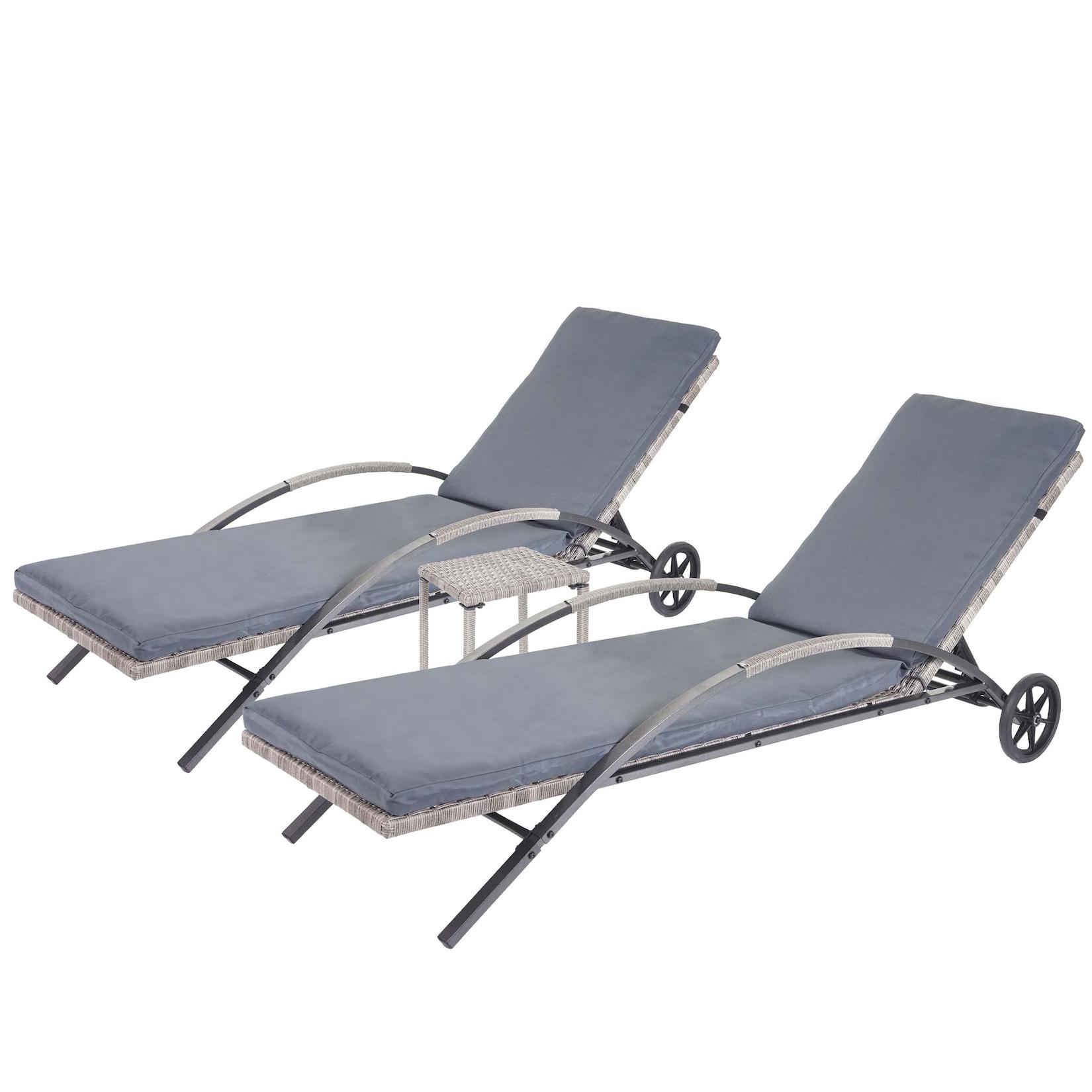 2er-Set Sonnenliege MCW-E27, Relaxliege Gartenliege, Poly-Rattan ~ grau Kissen dunkelgrau