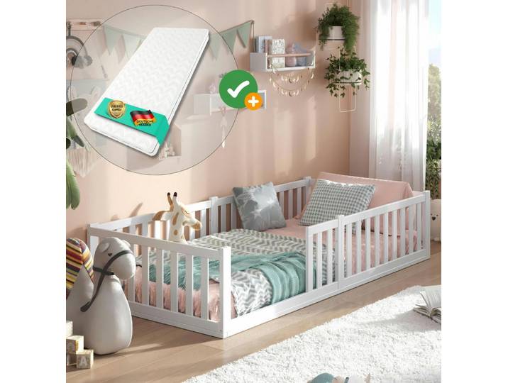 Alavya Home® Hausbett Alavya Home Bodenbett TITAN 90x200 Komplett-Set – Kindermatratze COZY (Set, Hausbett, Lattenrost, Schublade und Matratze), Massivholz Buche, Schublade und Kaltschaummatratze