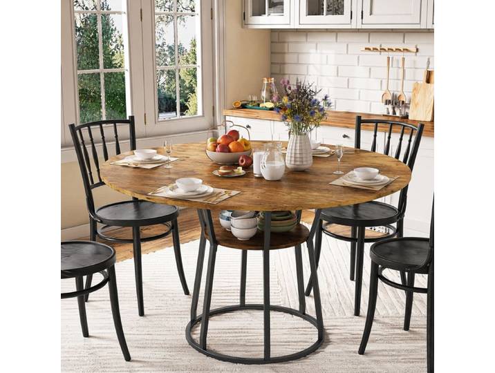 Table à manger ronde - URBANLUXE - Style industriel - Ø120 cm - 6 personnes - Étagère métallique