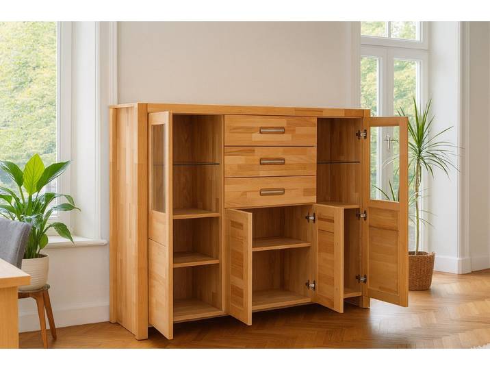 bv-vertrieb Highboard Highboard Sideboard Glasvitrine Kernbuche geölt Schubladenkommod #4398