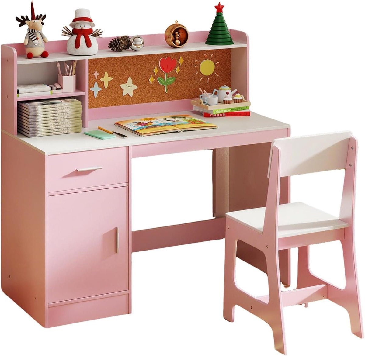 Roze Kinderbureau set met stoel en prikbord, Breedte: 109,5 cm