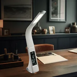 LED Tischlampe Tischleuchte Touch Dimmer Uhr Wecker Kalender Flexo Spot Strahler Farben Fixierbar Bürolampe weiß, Länge x Breite x Höhe 25x6,5x50 cm, Büro Schreibtisch