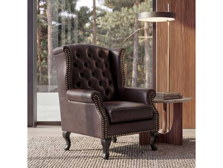 Mendler Sessel Relaxsessel Clubsessel Ohrensessel Chesterfield-AM, Kunstleder - antik-braun ohne Ottomane