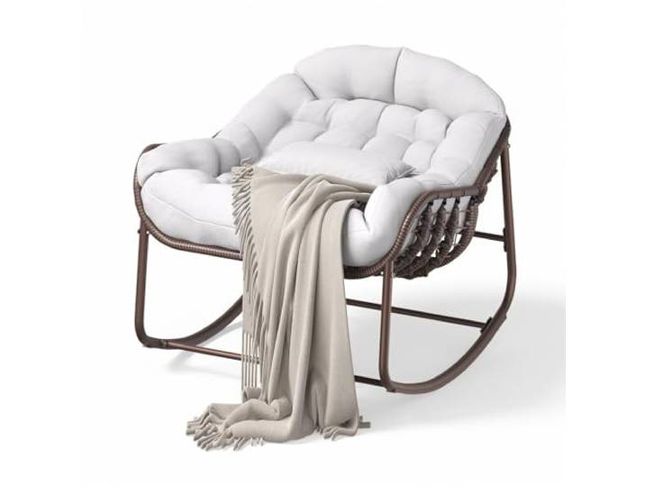 GarveeLife XXL Papasan‑Schaukelstuhl aus Polyrattan für Garten, Balkon Bis 204 kg belastbar, stabiler Stahlrahmen, sanfte Wippbewegung, UV-beständiges Polyrattan, dickes weiches Kissen