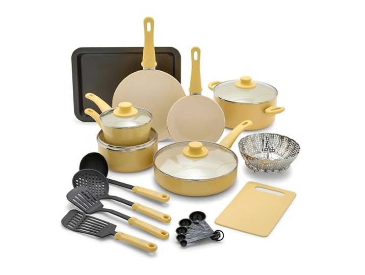 GreenLife Soft Grip Gesunde Keramik Antihaft 18 Stück Küche Kochgeschirr Töpfe und Bratsoße Saute Pfannen Set, PFAS-frei mit Küchenutensilien und Deckel, spülmaschinenfest, Gelb