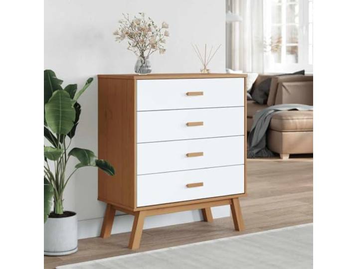 Kommode Olden weiß und braun, massives Kiefernholz, 4 Schubladen 76,5 x 39 x 90 cm, gewachstes Finish, Füße aus Holz, Ausstellungsfläche