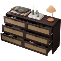 MODFU Kommode mit 6 Schubladen Rattan Rotbraun 130x40x75 cm mit abgerundeten Ecken, stabilem Korpus aus Spanplatte und viel Stauraum für Wohnen