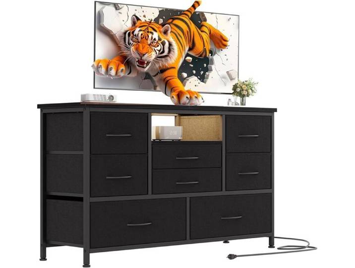 Commode 8 tiroirs en tissu Commode de chambre noir Style Moderne-115X30X75CM