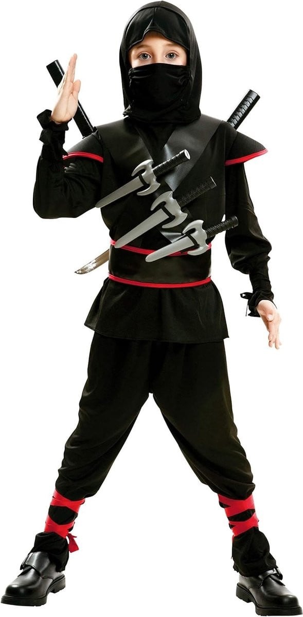MOM Funcompany Ninja Assassin Kostuum Kind Zwart Rood - 7-9 Jaar (140cm)
