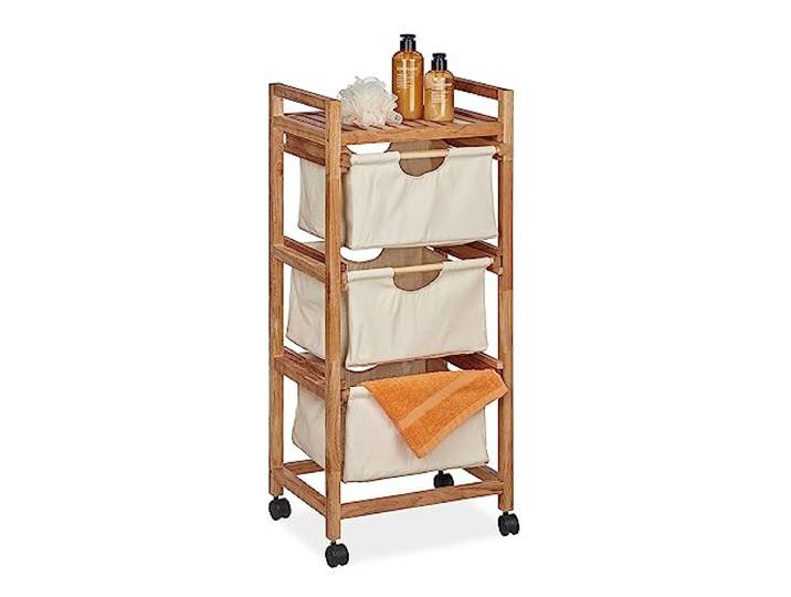 Relaxdays Badregal mit Wäschekorb, 1 offene Ablage & 3 Stoffkörbe, HBT: 96x43,5x33,5 cm, Standregal Walnuss, Natur/beige