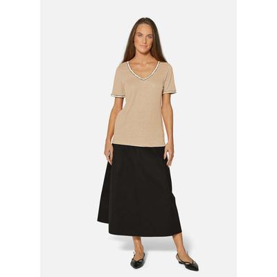 Kurzarmshirt MADELEINE "Shirt Trendiges Kurzarm-Shirt, V-Ausschnitt", Damen, Gr. 36, beige (natur, multicolor), Obermaterial: 100% Leinen LI., Modern, figurumspielend, V-Ausschnitt, Shirts