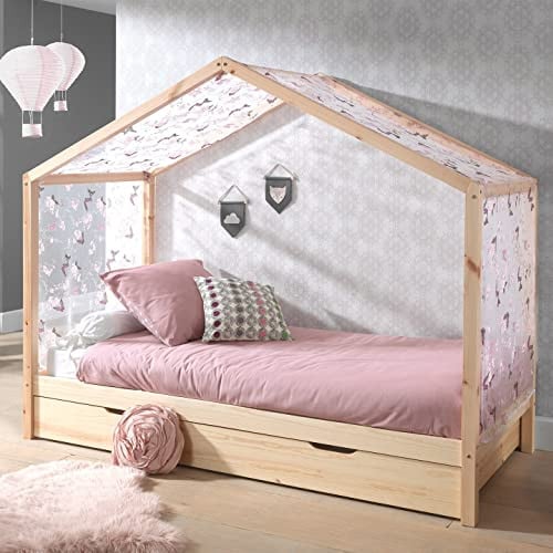 Vipack Dallas 3 kinderbed met textielhemel en bedlade, natuur, 90 x 200 cm
