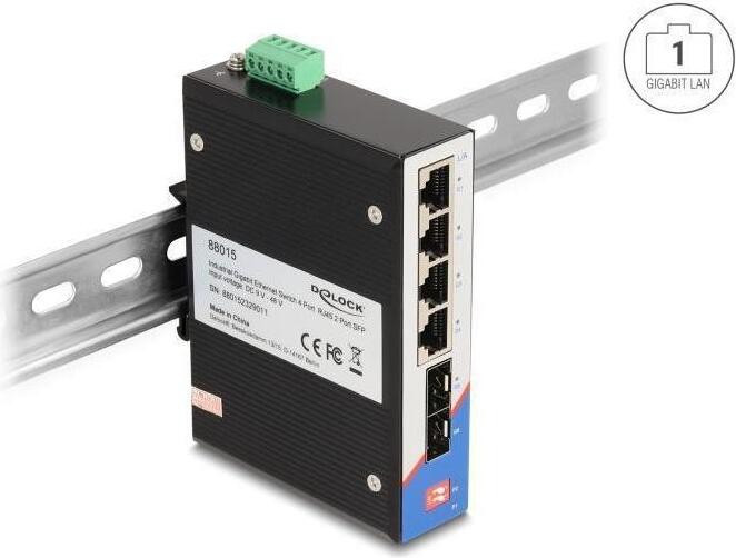 Delock industriële Gigabit Ethernet switch met 4x RJ45 poort en 2x SFP poort voor montage op rails