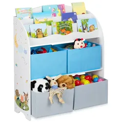 Relaxdays Kinderregal mit 4 Stoffboxen Weiß,Grau,Hellblau
