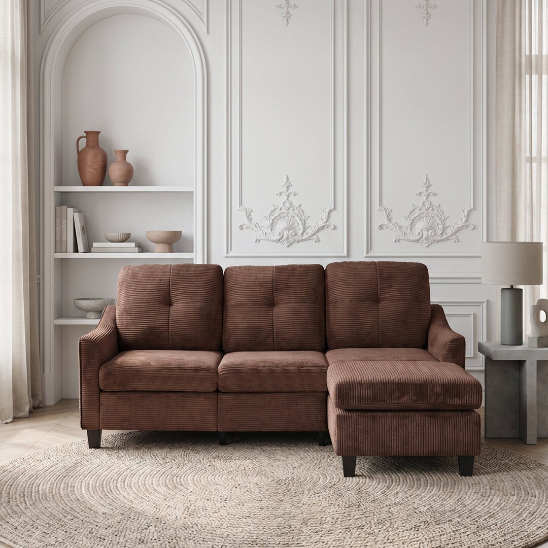 George Oliver Convertible L-Shaped Sectional Sofa, 196cm 3-Seater Corner Couch with Movable Footstool Brown 90cm H X 196cm W X 76cm D
