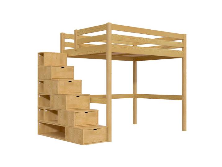 Lit mezzanine bois 140x200 Sylvia avec escalier cube 140x200 Miel