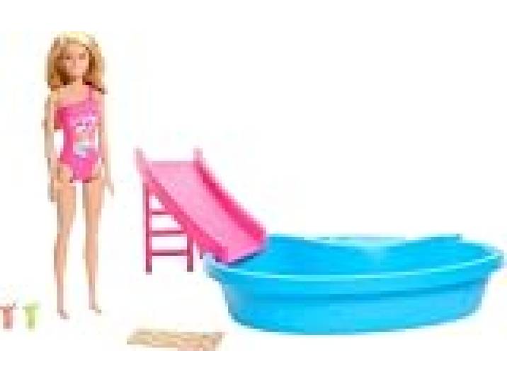 Barbie Coffret Poupée Blonde avec Maillot De Bain Rose Tropical Piscine, Toboggan, Serviette Et Boissons, À Collectionner, Jouet Enfant, A Partir De 3 Ans, HRJ74