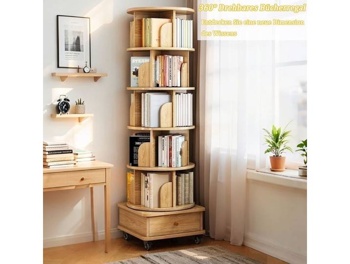 MEUBLIV Bibliothèque tournante 360° à roulettes avec tiroir 6 étagères MDF coloris bois