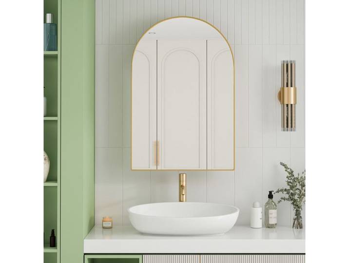 Armoire miroir arquée murale ou encastrée cadre métallique doré 2 tablettes en verre