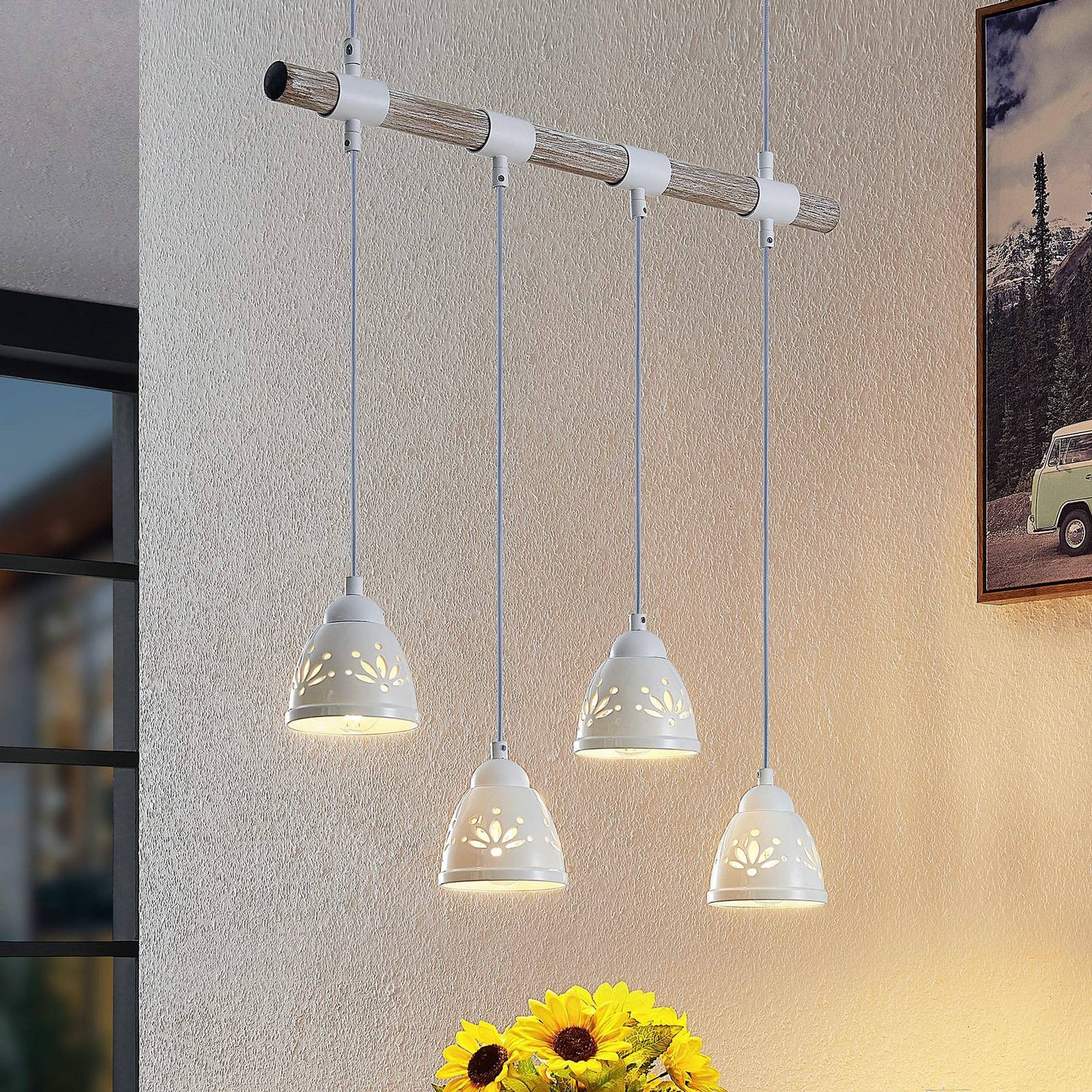 Lindby Pimana Hanglamp, Landelijke stijl, Wit, Hout, Metaal en Keramiek, Dimbaar