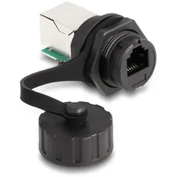 DeLOCK Kabelverbinder RJ12 Buchse zu RJ12 Buchse zum Einbau mit Verschlusskappe IP68 staub- und wasserdicht schwarz