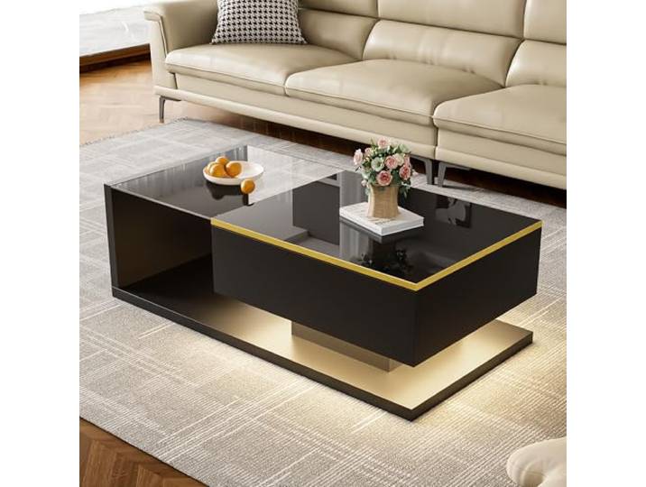 Merax Couchtisch 100x50x32,5cm, Beistelltisch mit Glas und LED-Effekt, praktischer Stauraum, Moderne Wohnzimmermöbel, Schwarz
