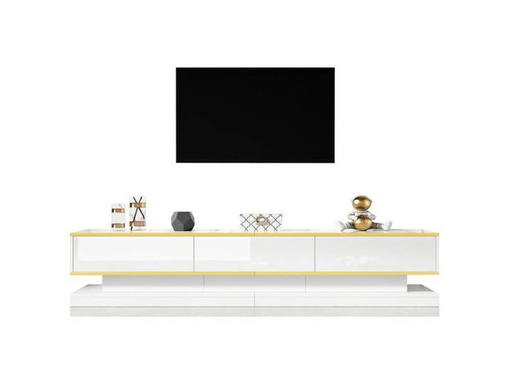 Meuble TV brillant Lowboard avec 3 tiroirs meuble avec grand espace rangement table tv blanc chaud avec bord doré meuble TV sur pied